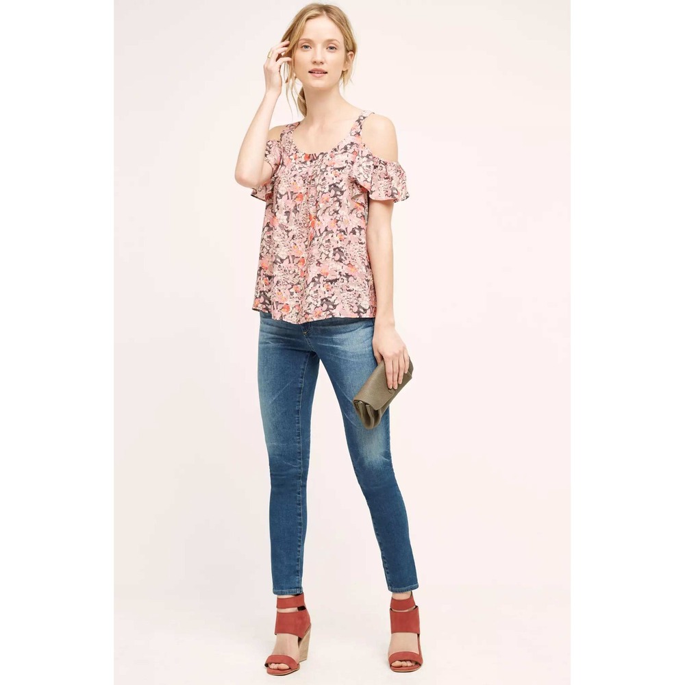 Anthropologie Maeve Blouse Sz S Pink Floral Cold Shoulder Ruffle Boho Romantic